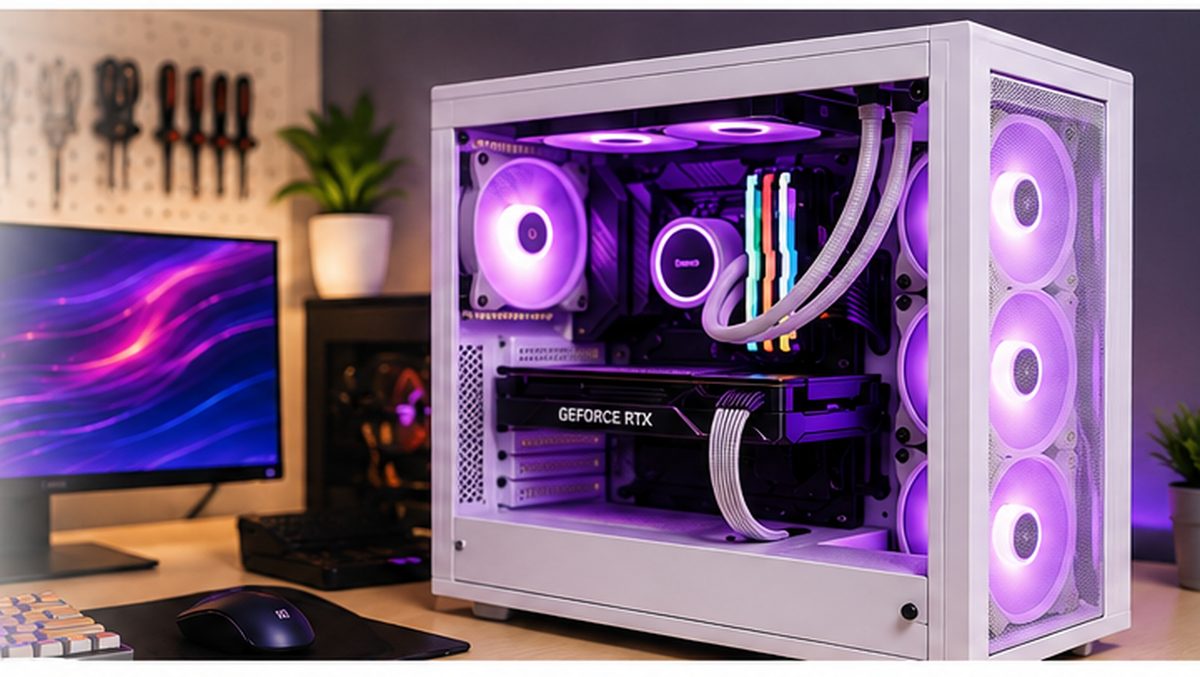 White gaming PC with purple RGB fans and RGB RAM on a computer service desk