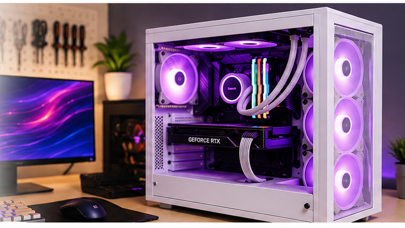 White gaming PC with purple RGB fans and RGB RAM on a computer service desk