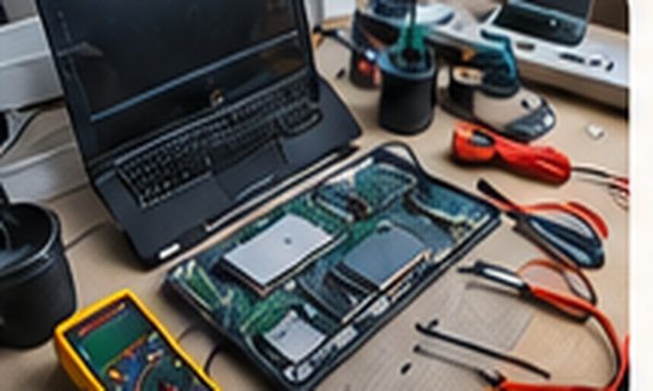 Computer repair bench with laptop and tools